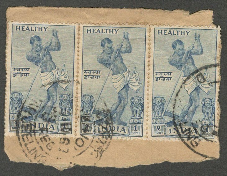 AOP 1952 Healthy India 1Re blue postally used strip of 3 one piece