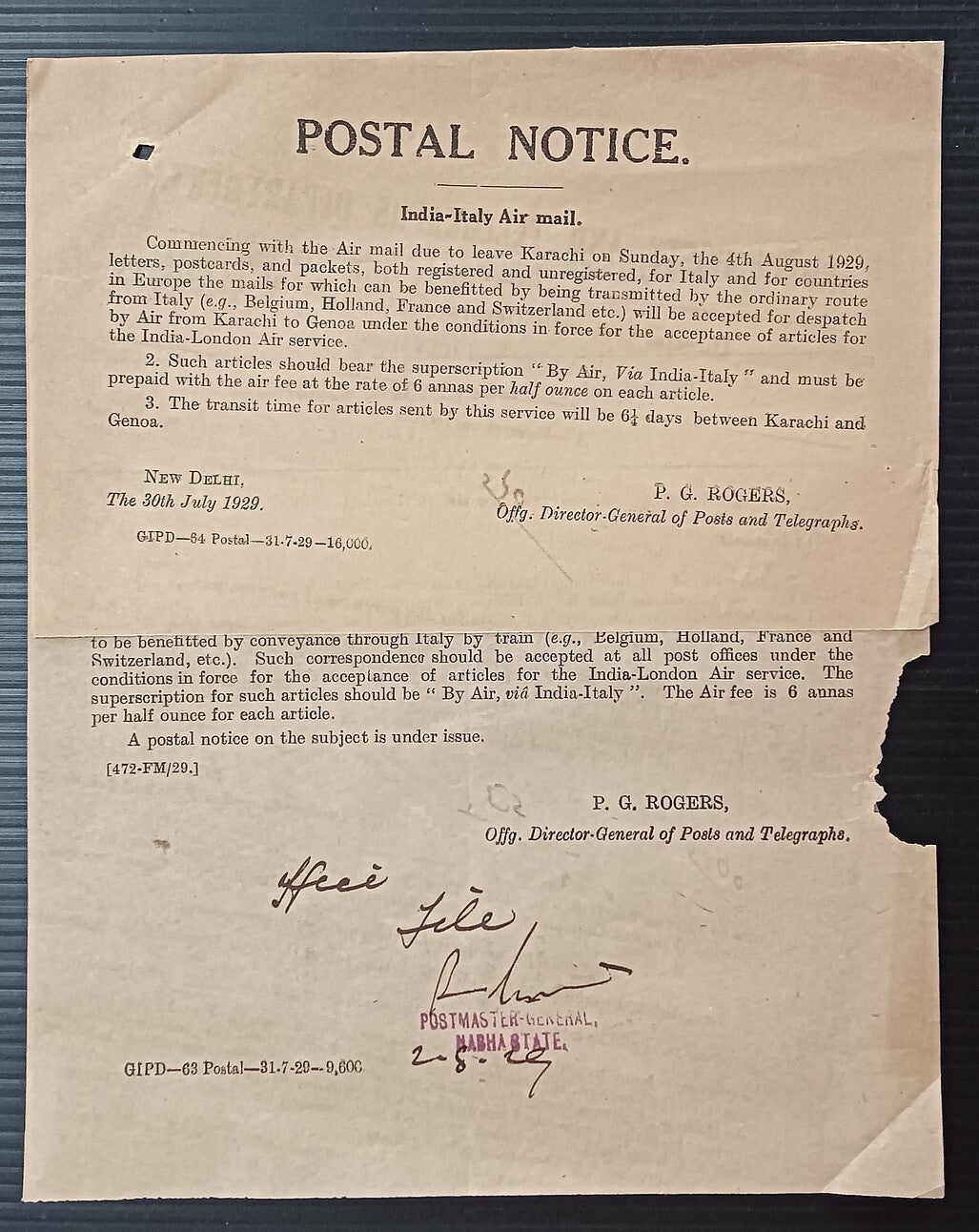 India 1929 POSTAL NOTICE & DG CIRCULAR India Italy Air mail
