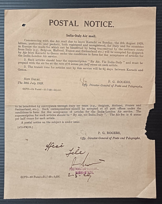 India 1929 POSTAL NOTICE & DG CIRCULAR India Italy Air mail