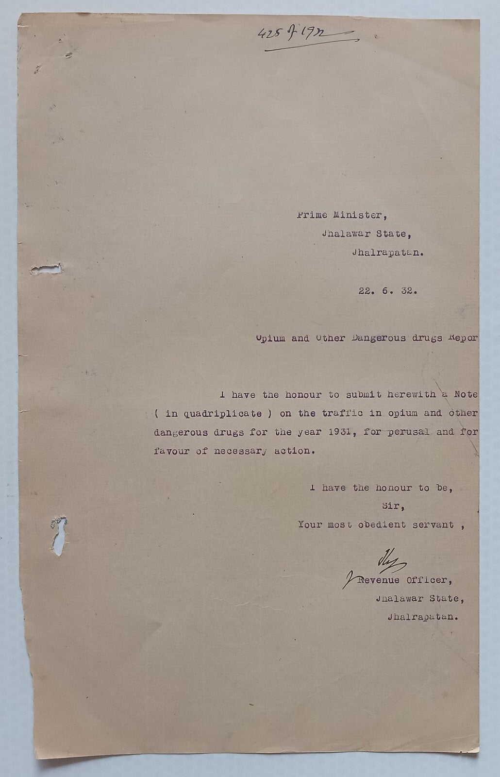 AOP India Official correspondence - OPIUM & OTHER DANGEROUS DRUG 1931-32