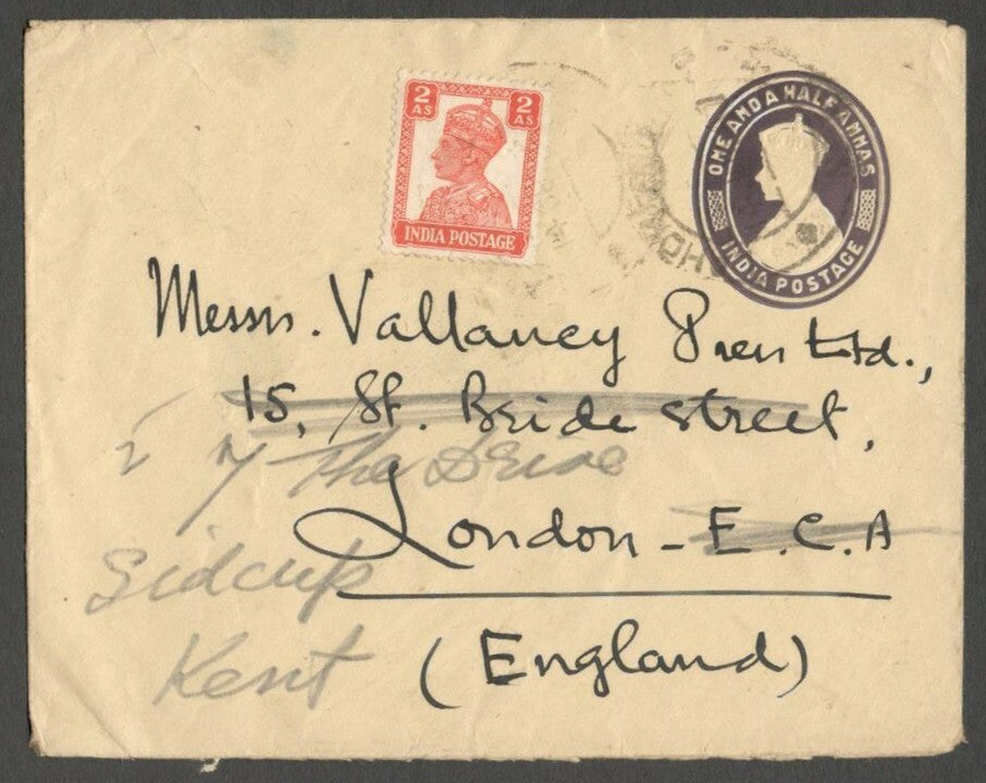 AOPIMT India KGVI 1 1/2a envelope uprated 2a to England redirected 