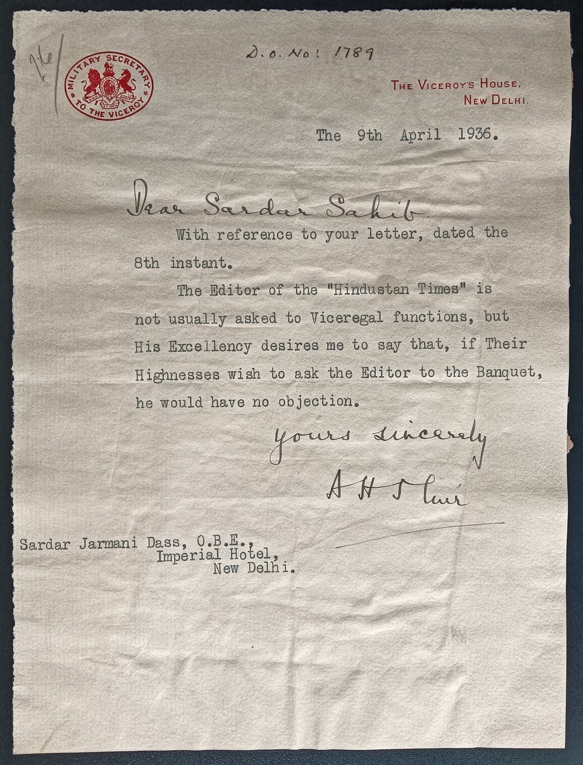 India 1930 crested letter MILITARY SECRETARY TO THE VICEROY signed