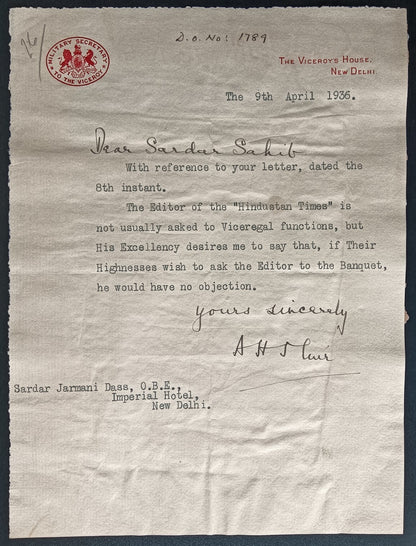 India 1930 crested letter MILITARY SECRETARY TO THE VICEROY signed