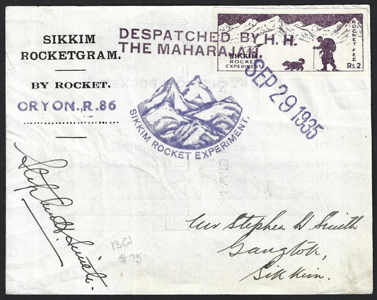 India SIKKIM ROCKET POST Sep 29 1935 missive. #EZ 13C1 200 carried