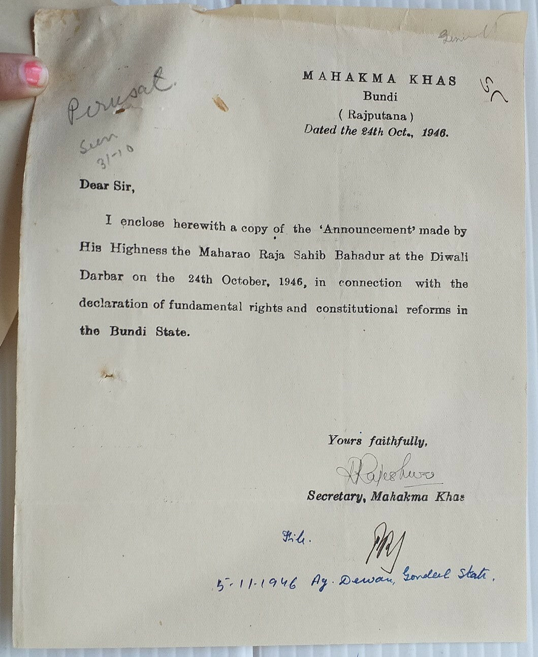 India Bundi State 1946 Declaration Human Rights & Constitutional Reform Maharaja