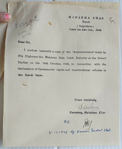 India Bundi State 1946 Declaration Human Rights & Constitutional Reform Maharaja