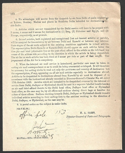 India 1929 DG'S POSTAL CIRCULAR Air Mail Service between Delhi & Karachi