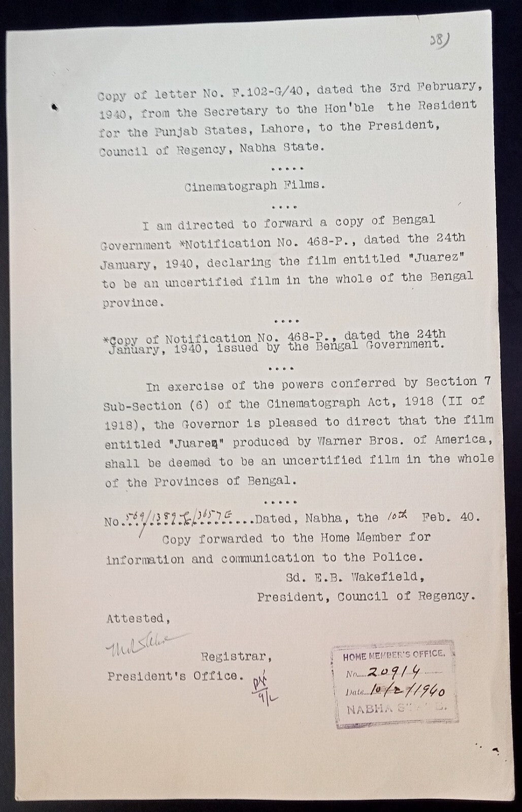 India 1940 Official Order BANNING the movie JUAREZ by Warner Bros in Bengal