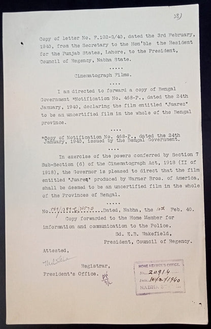 India 1940 Official Order BANNING the movie JUAREZ by Warner Bros in Bengal