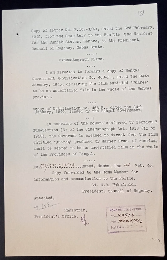 India 1940 Official Order BANNING the movie JUAREZ by Warner Bros in Bengal