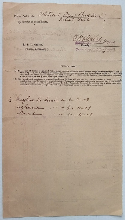British India Military 1909 British Troops & Native Troops food requisition form