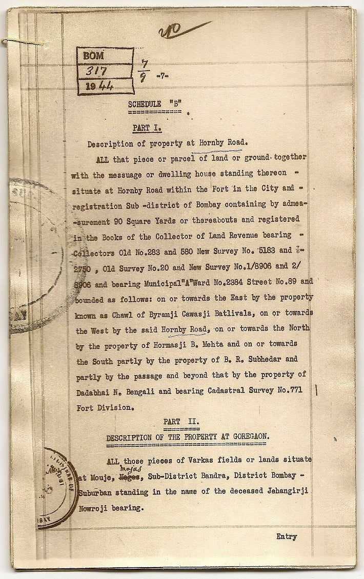 India 1944 photo doc Shaporji P Mistry mortgage DN Rd property to Naoraji Wadia