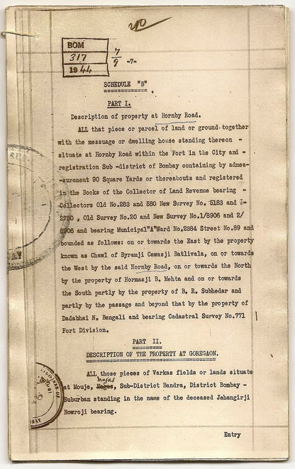 India 1944 photo doc Shaporji P Mistry mortgage DN Rd property to Naoraji Wadia
