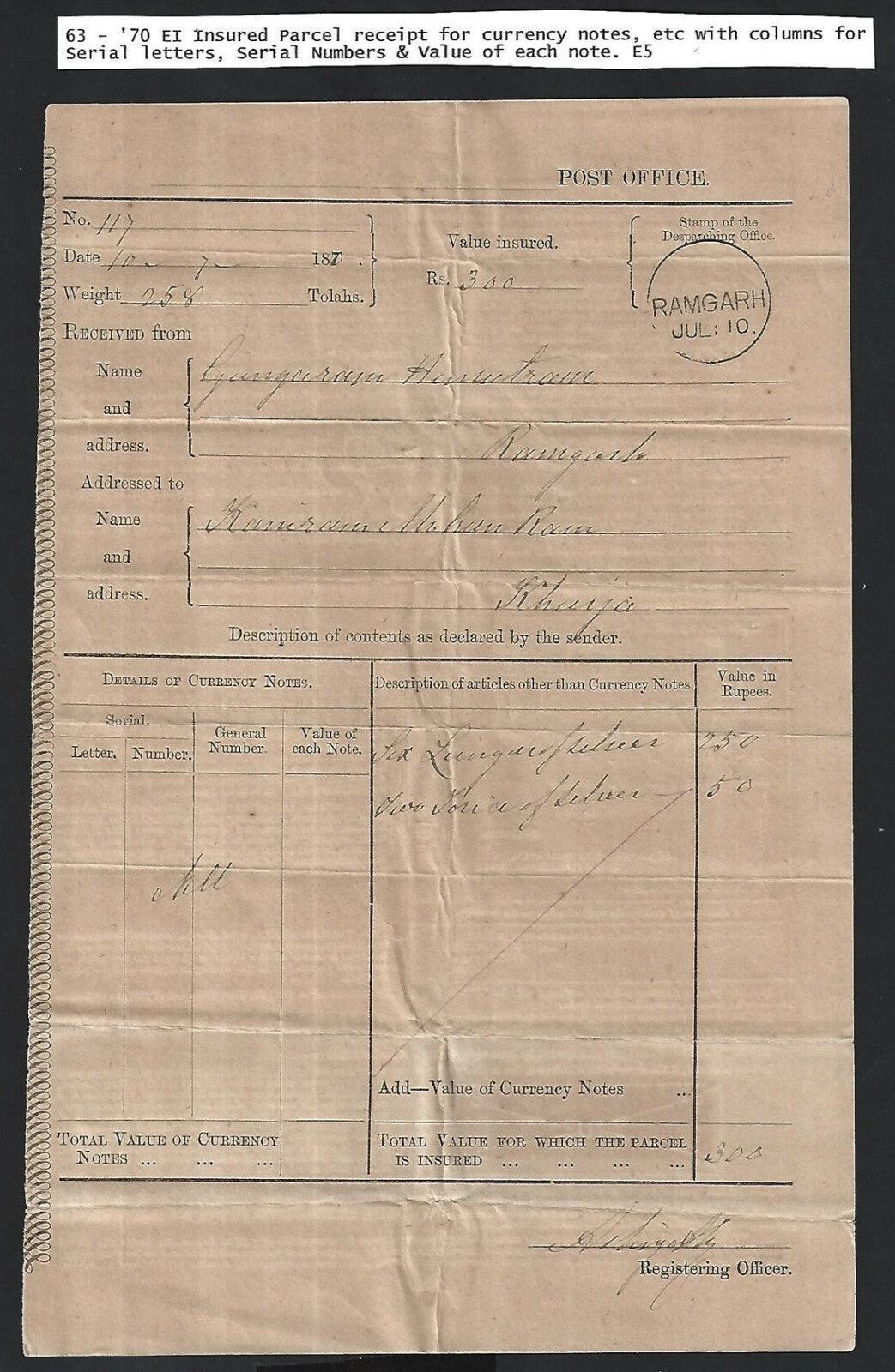India Postal form for sending Currency notes used 1870