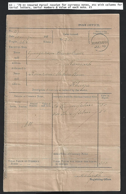 India Postal form for sending Currency notes used 1870