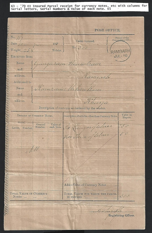 India Postal form for sending Currency notes used 1870