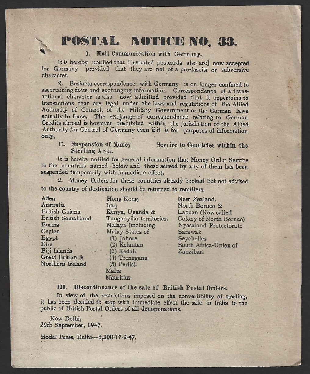 India POSTAL NOTICE 29 Sep 1947 Mail Communication with Germany