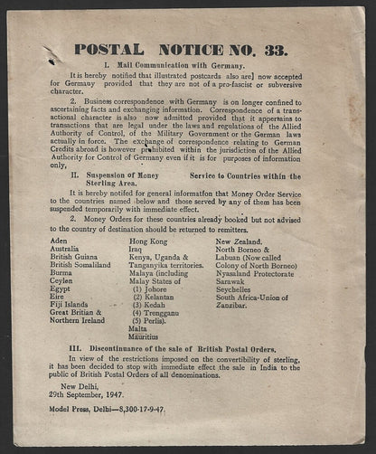 India POSTAL NOTICE 29 Sep 1947 Mail Communication with Germany