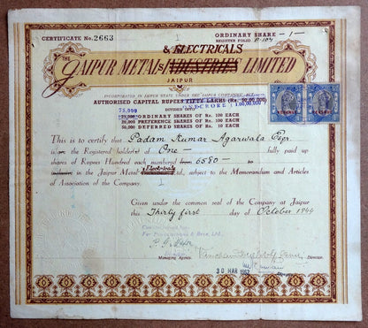 India 1944 JAIPUR METALS & ELECTRICALS LIMITED share cerificate