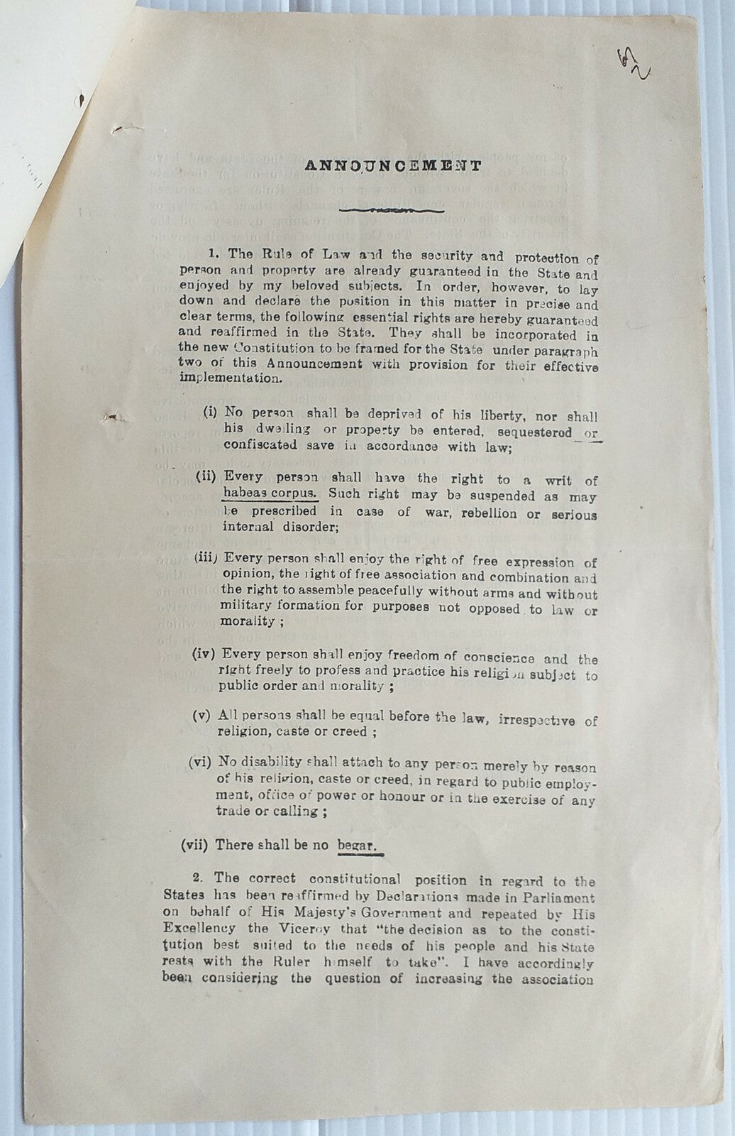 India Bundi State 1946 Declaration Human Rights & Constitutional Reform Maharaja