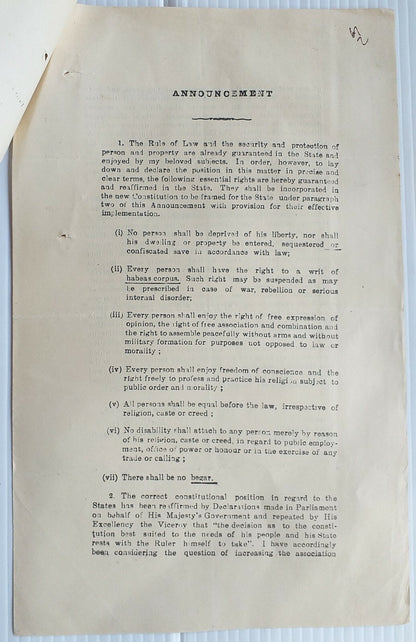 India Bundi State 1946 Declaration Human Rights & Constitutional Reform Maharaja