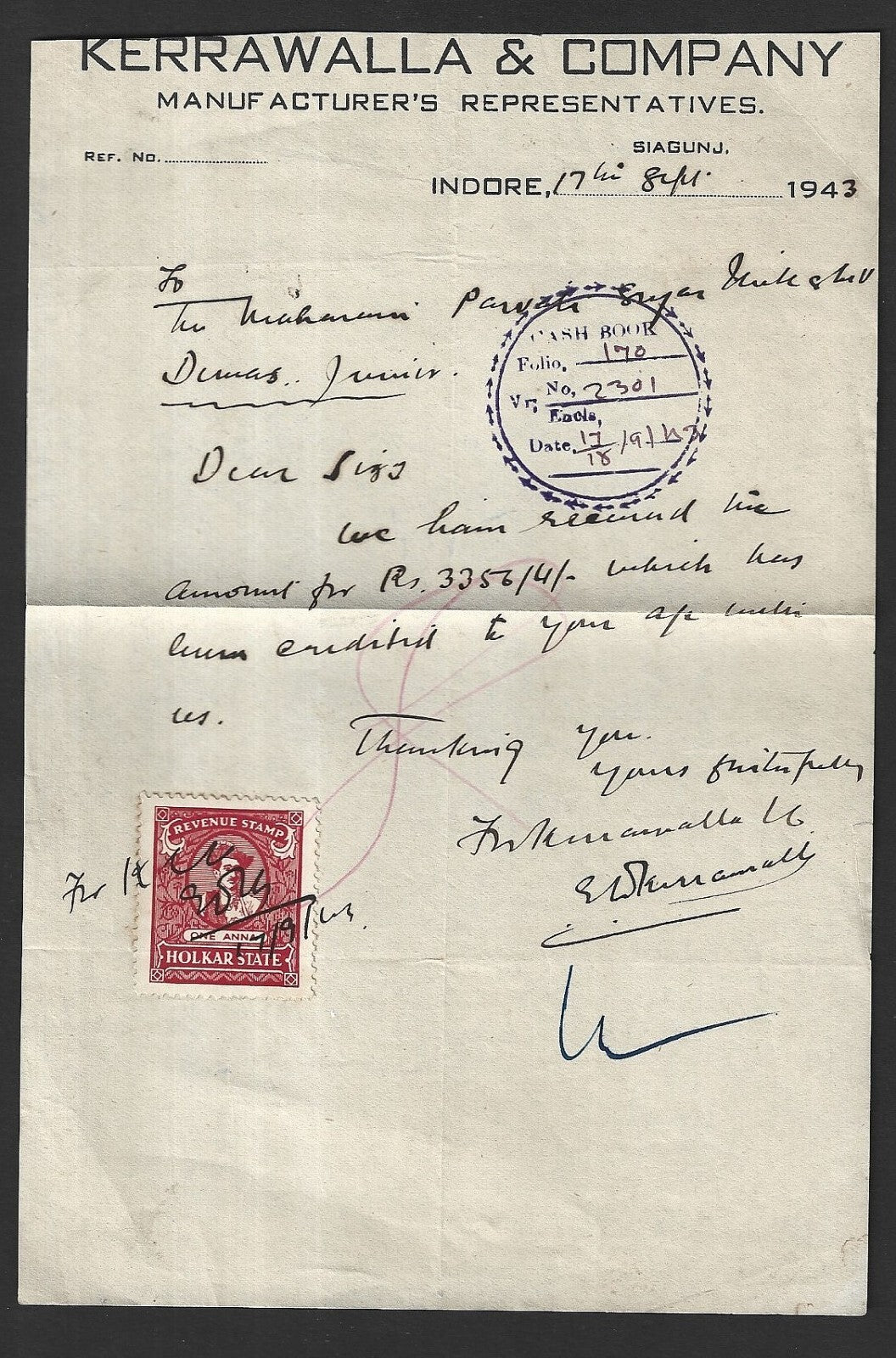 India Holkar State 1a red revenu stamp on small document