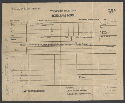 India Western Railway 1952 telegram & envelope