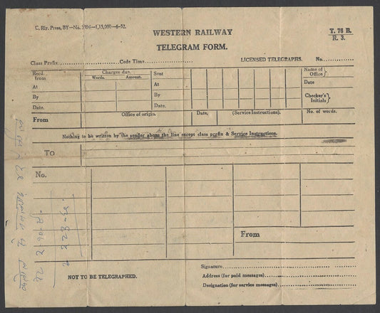 India Western Railway 1952 telegram & envelope