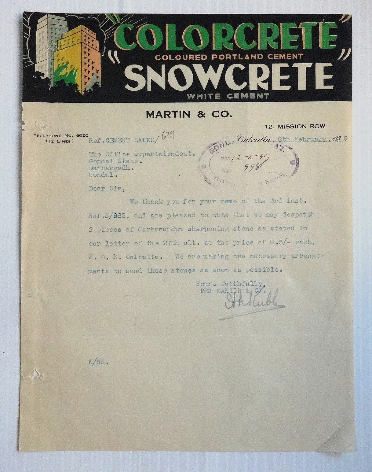 India 1939 illustrated letterhead COLORCRETE PORTLAND CEMENT Calcutta