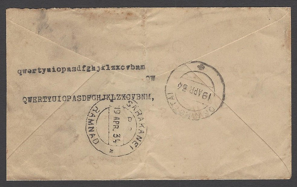 Malaya 1934 cover India to Kuala Lupis, Pahang with T/50-C in circle charge mark