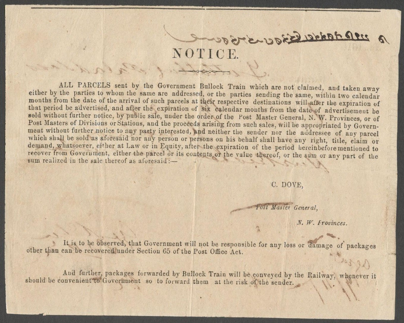 AOP India 1868 BULLOCK TRAIN parcel receipt AGRA