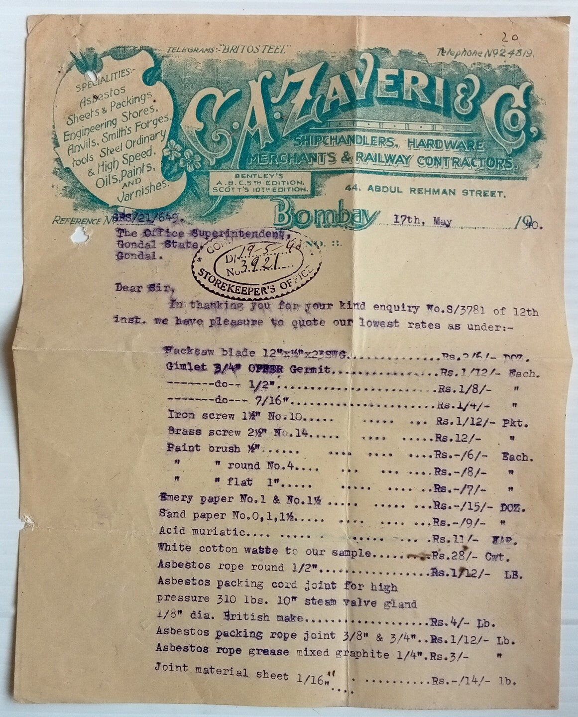 AOP India 1940 billhead SHIPHANDLERS & RAILWAY CONTRACTORS Bombay