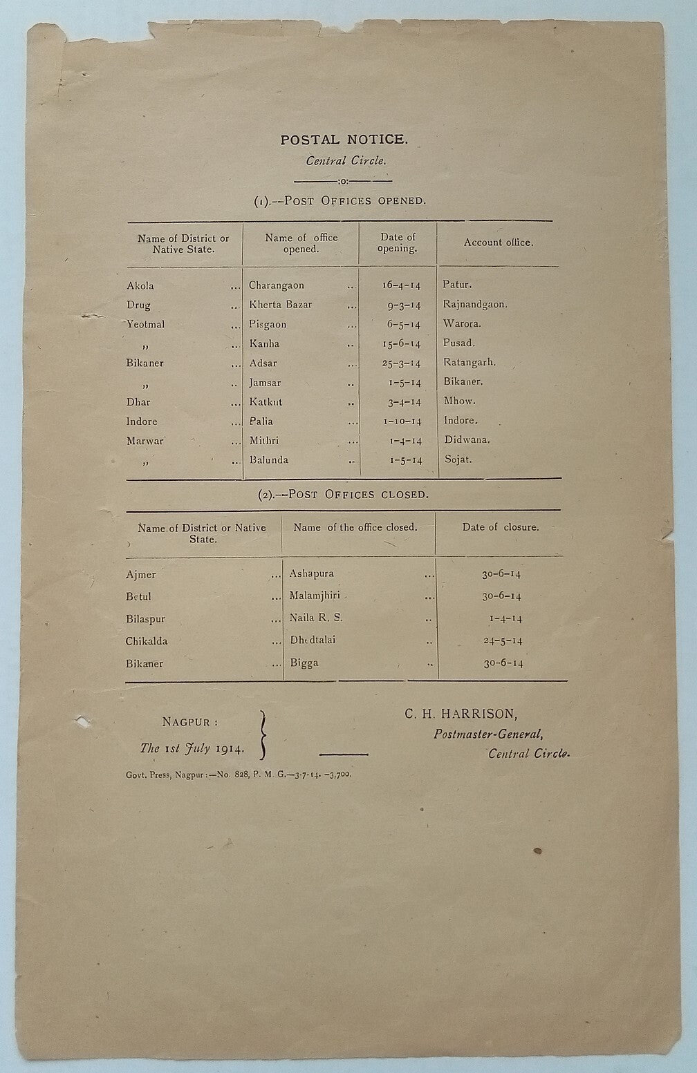 (AOP) India POSTAL NOTICE 1914