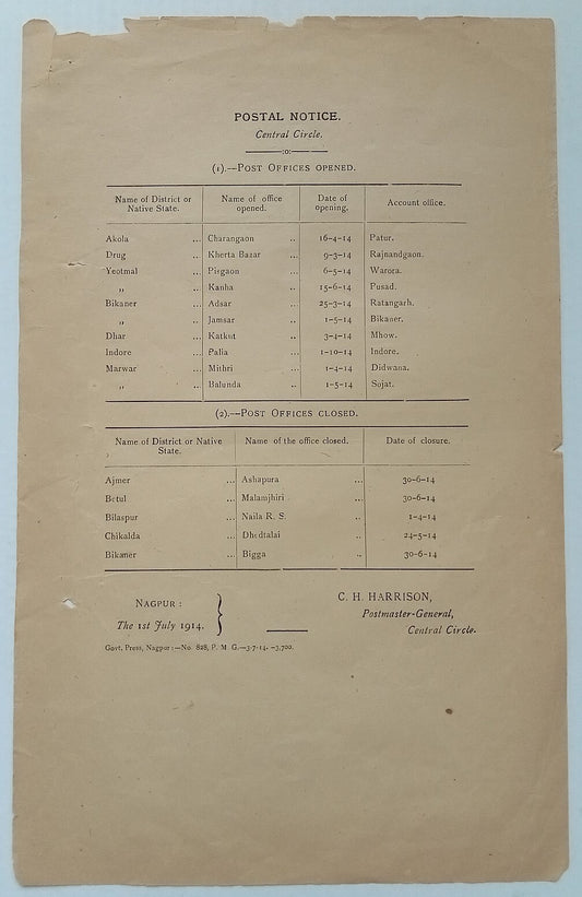 (AOP) India POSTAL NOTICE 1914