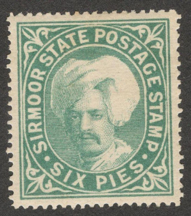 (AOP) SIRMOOR STATE India 1885-96 6p blue green MH. SG 7