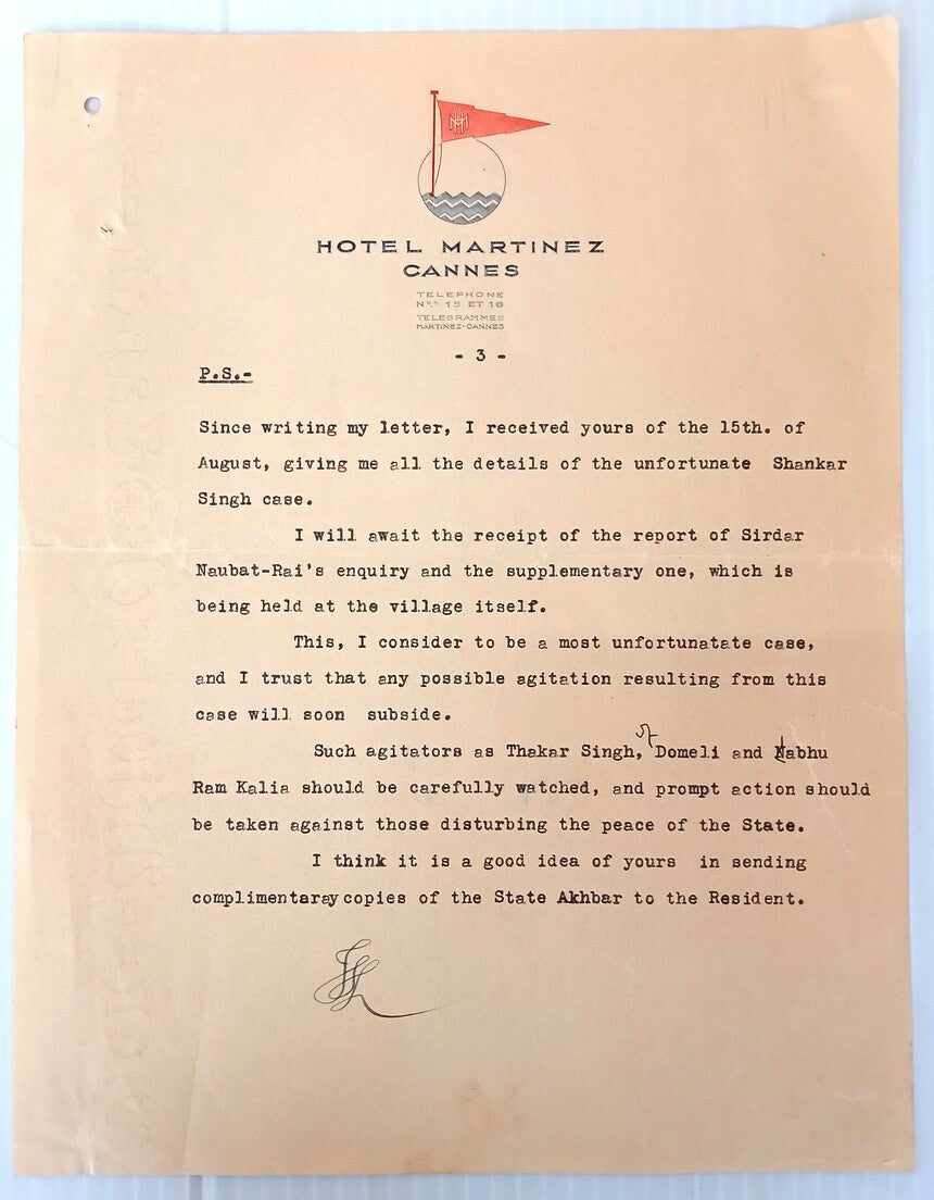 AOP India Kapurthala letter Hotel Martinez Cannes France sd Maharaja J Singh