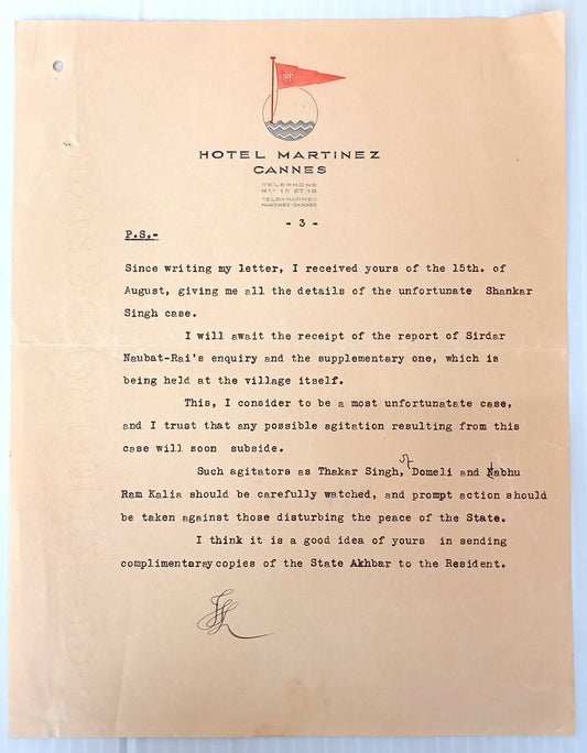 AOP India Kapurthala letter Hotel Martinez Cannes France sd Maharaja J Singh