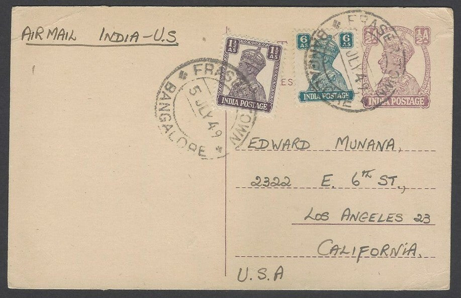 AOPIMT India neat KGVI postal card uprated 1 1/2a & 6a to USA