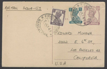 AOPIMT India neat KGVI postal card uprated 1 1/2a & 6a to USA