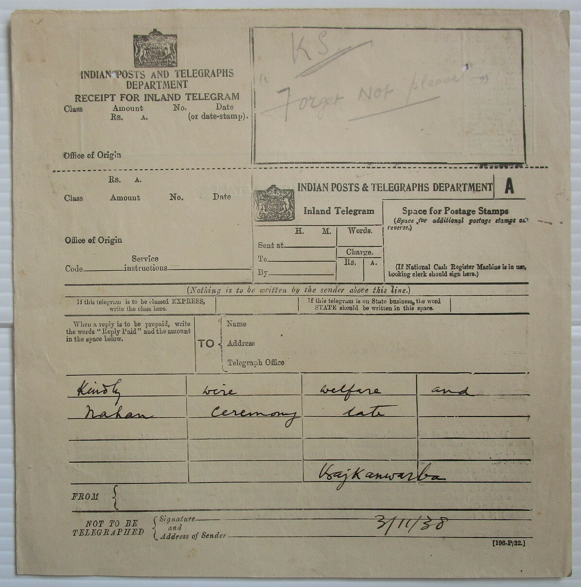 India 1938 Inland Telegram with counterfoil attached