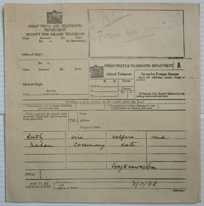 India 1938 Inland Telegram with counterfoil attached