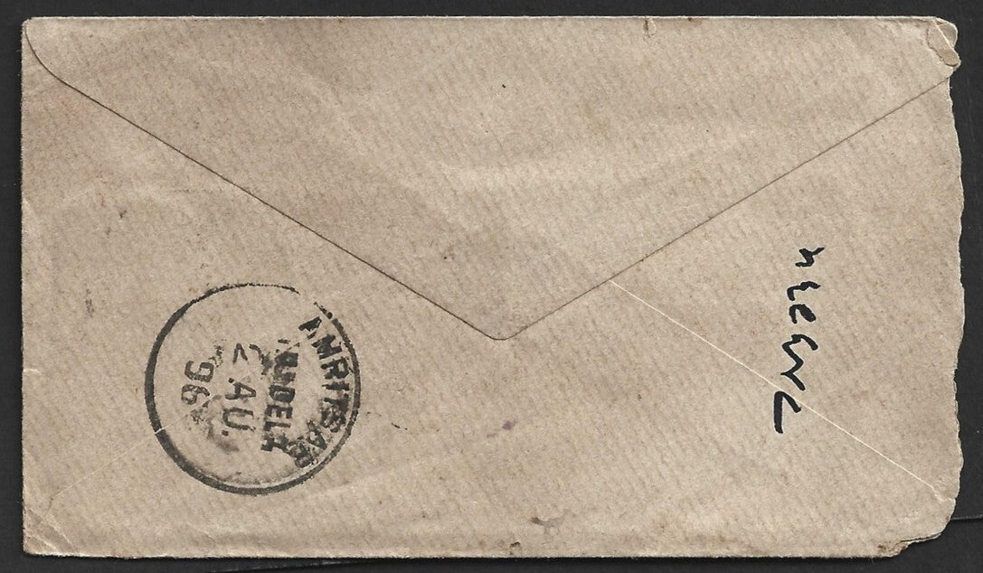 AOP India QV cover canc MANDI-TOWN Experimental duplex 1896