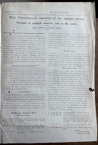 India 1937 Hindu Mahasabha letter & sample cover page of The Hindu Outlook