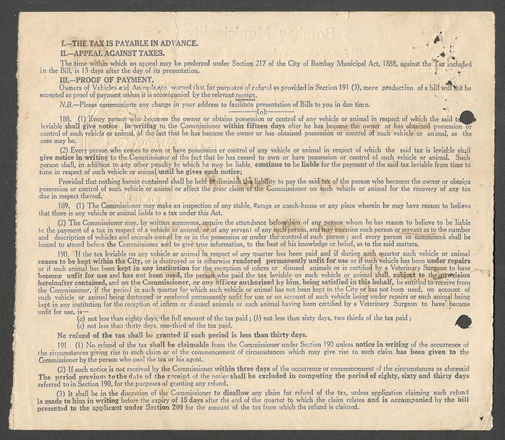 AOP India 1950 1st Q Bombay Muncipal Corp BILL FOR TAX ON VEHICLES AND ANIMALS