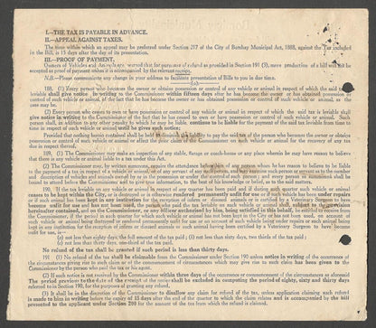 AOP India 1950 1st Q Bombay Muncipal Corp BILL FOR TAX ON VEHICLES AND ANIMALS
