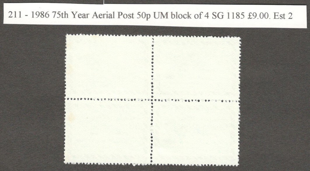 India 1986 75th Year Aerial Post MNH block of 4. SG 1185 £9