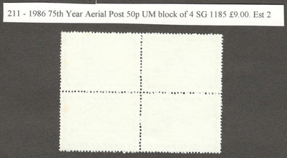 India 1986 75th Year Aerial Post MNH block of 4. SG 1185 £9