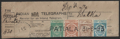 India 1893 Telegraph Telegram receipt with 4 colour franking