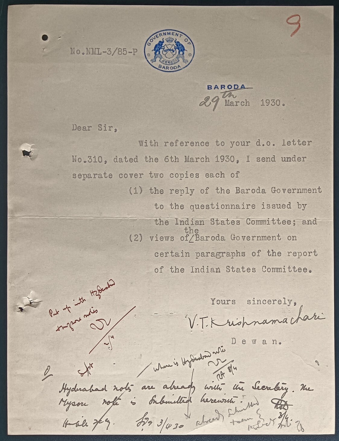 India 1930 crested letter BARODA STATE signed Diwan V T Krishnamacharya