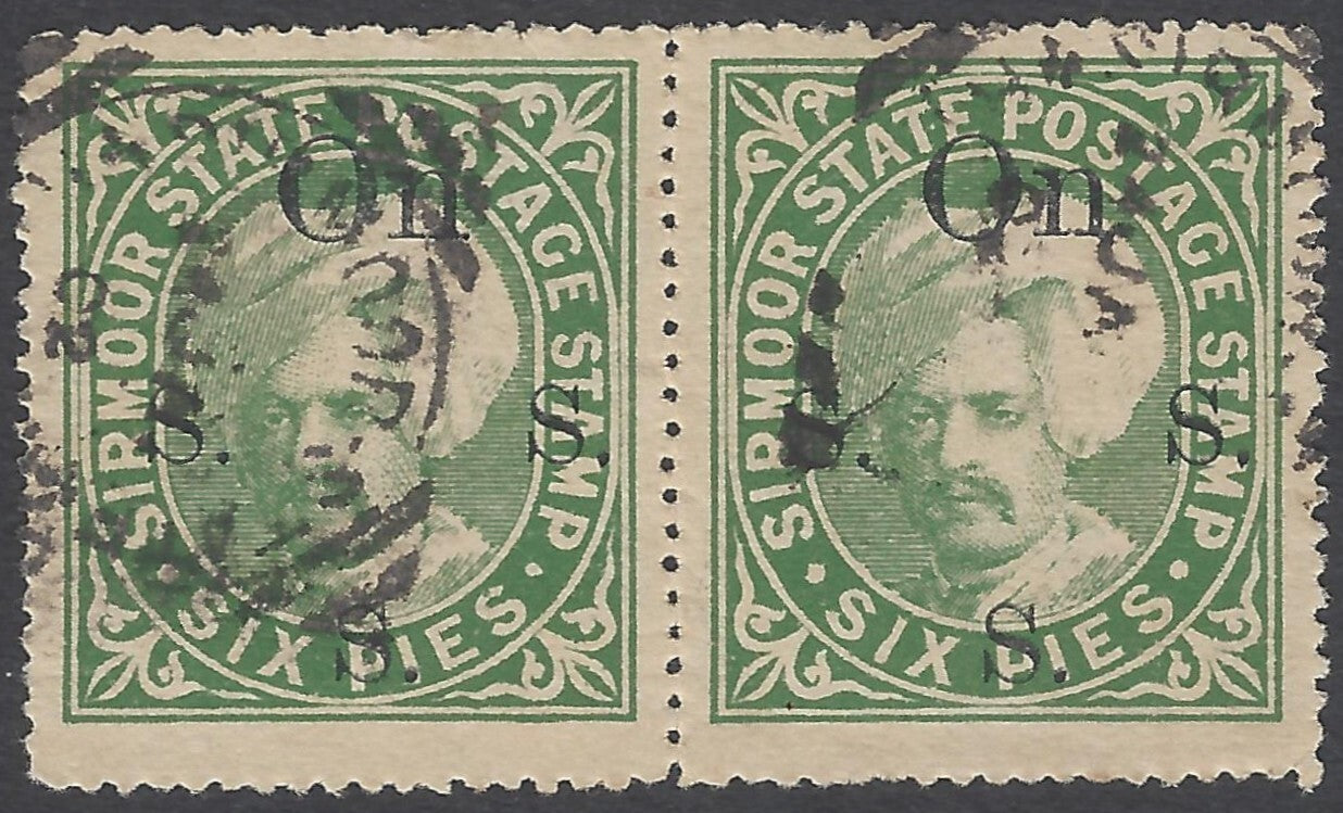 AOP India SIRMOOR STATE 1896-97 6p green used pair. SG 67a £22
